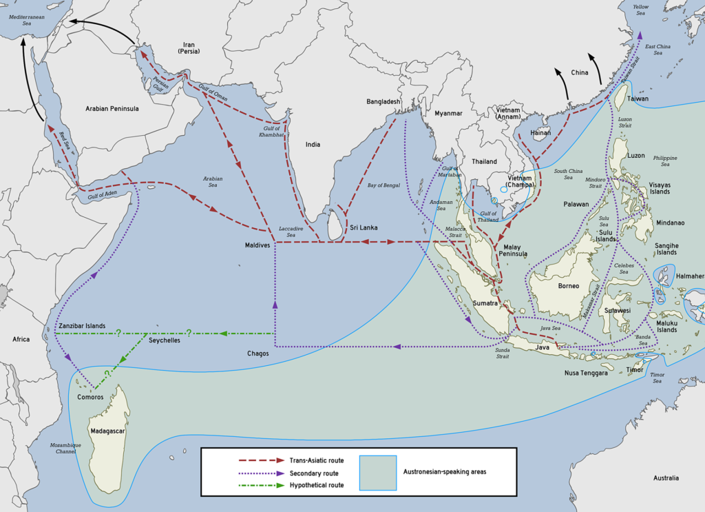 Detailed map showing historical Austronesian trade routes across the Arabian Peninsula, Southeast Asia, and Indian Ocean, highlighting Trans-Asiatic, secondary, and hypothetical routes connecting regions like Madagascar, Seychelles, Sumatra, Borneo, and the Malay Peninsula.