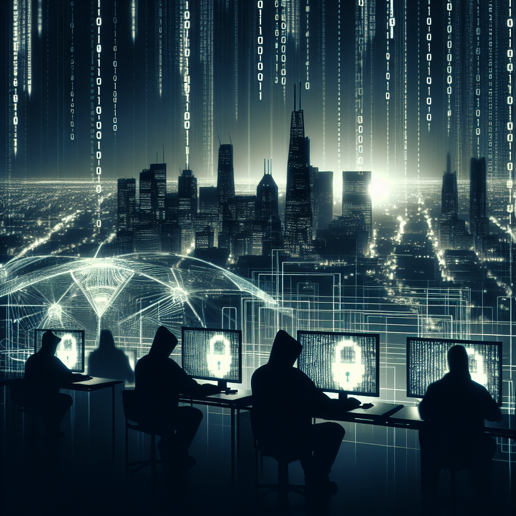 Futuristic scene of cybersecurity operations with silhouettes of individuals at computer workstations, binary code and digital data streams above, and an illuminated cityscape in the background, emphasizing the high-tech and vigilant nature of cyber activities.