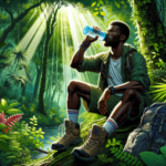 Man in the woods drinking a water bottle while sitting on a rock