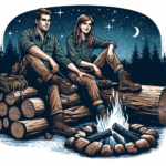 Man and woman in flannels sitting on a log b a campfire under the stars