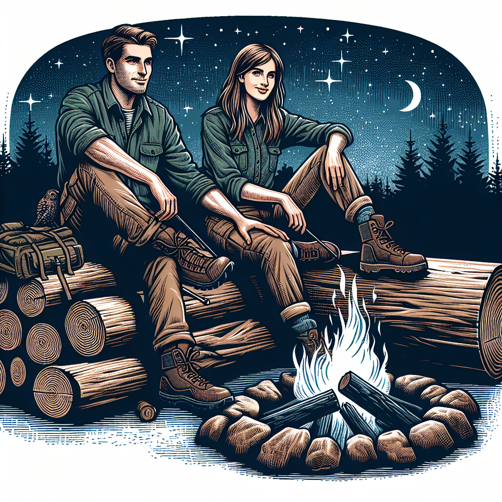 Man and woman in flannels sitting on a log b a campfire under the stars