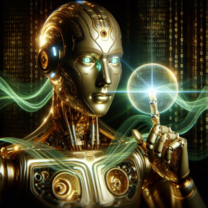 Gold robot with a light coming from its pointer finger meant to represent AI.