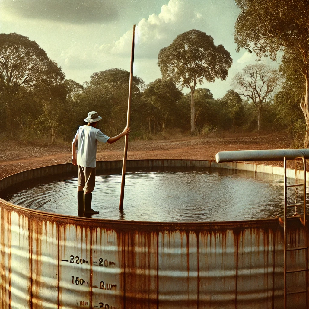 Person measuring water level in a large, partially rusted metal storage container outdoors using a wooden stick, with trees and scattered clouds in the background. Person measuring water level in a large, partially rusted metal storage container outdoors using a wooden stick, with trees and scattered clouds in the background. Used for a water storage calculator page.